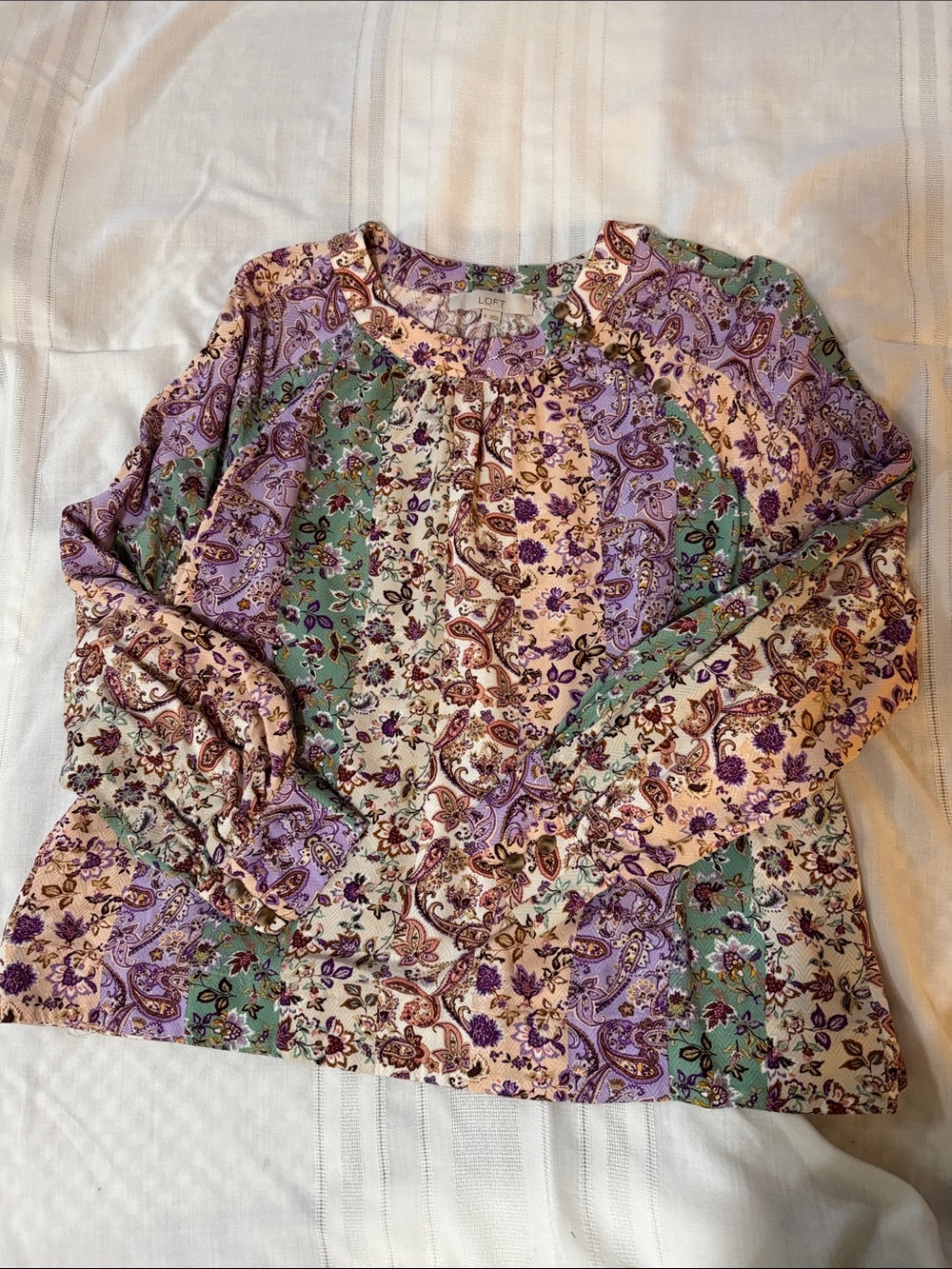 LOFT Purple and Green Paisley Patchwork Blouse